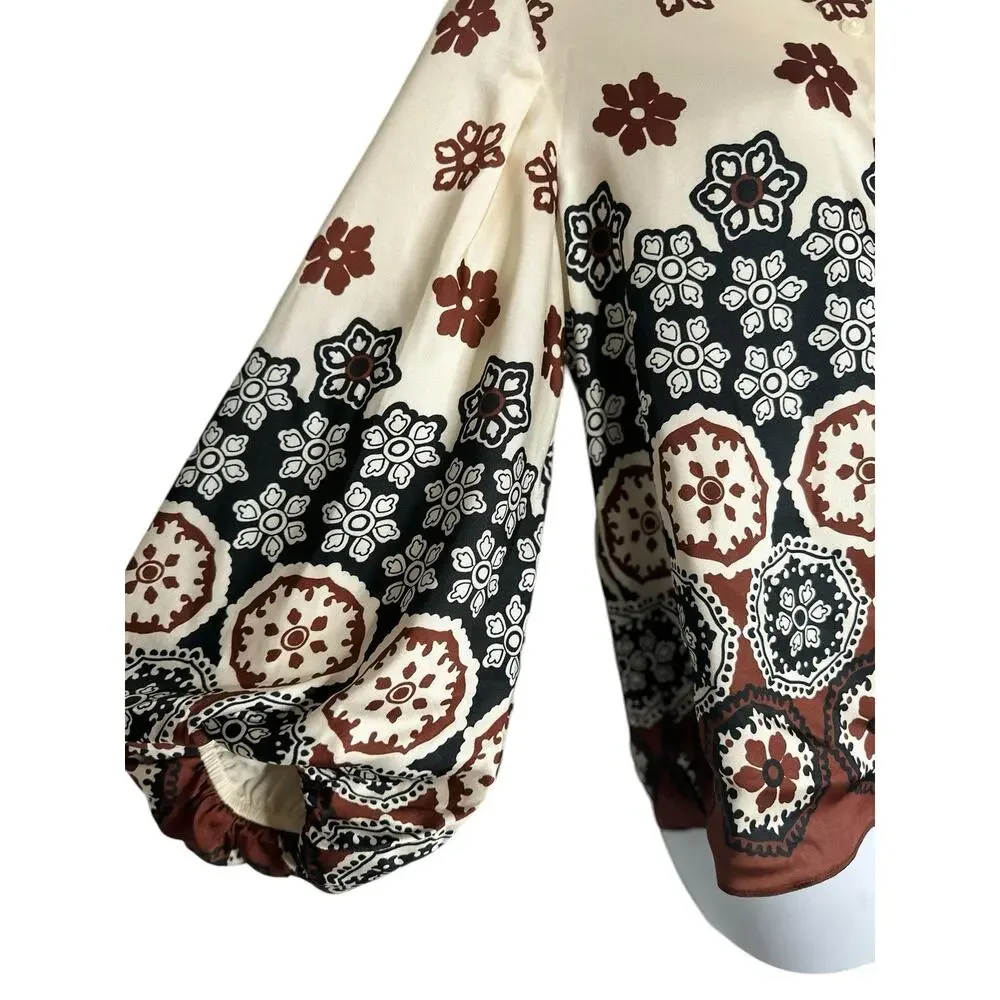 Tanya Taylor Marina Baloon Sleeve Silky Blouse Boho Luxe Resort Button Front XS